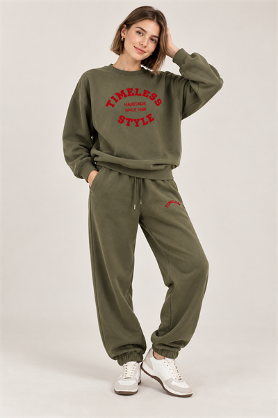 Kadın Ayıcık Baskılı Bisiklet Yaka Oversize Sweatshirt Haki