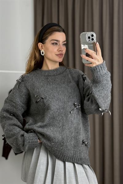 Kadın Kurdele Detaylı Oversize Triko Kazak Antrasit
