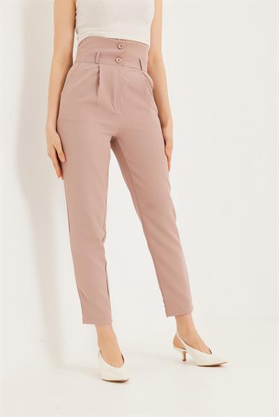 Çift Düğmeli Yüksek Bel Palazzo Pantolon Sütlü Kahve