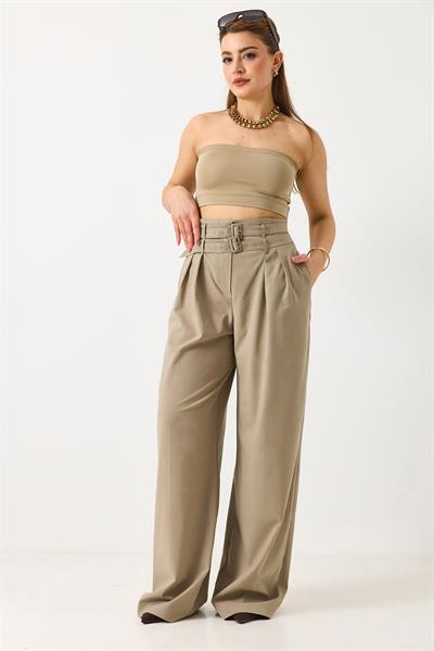 Kadın Çift Kemerli Salaş Kesim Bol Paça Pantolon Vizon