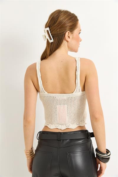 Ajurlu Geniş Yaka Crop Triko Bluz Bej