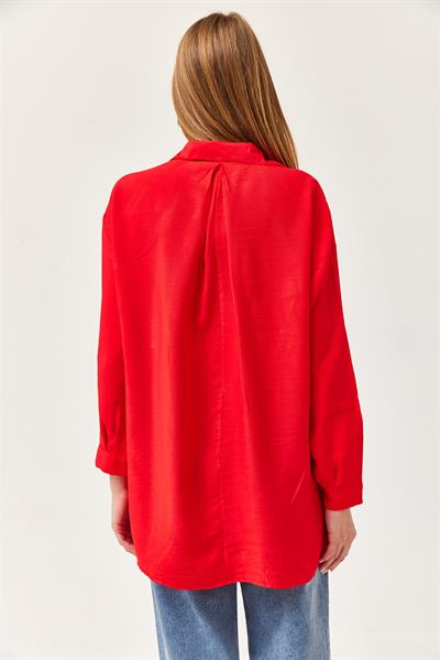 Uzun Kollu Cep Detaylı Basic Gömlek Kırmızı