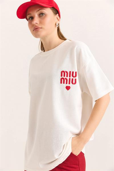 Nakış Detaylı Oversize Örme İki İp Tshirt Beyaz
