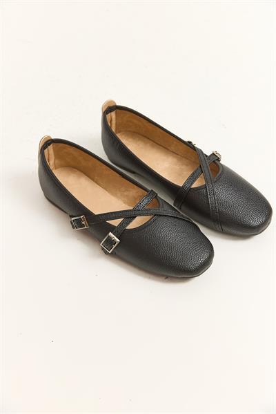 Çift Kemerli Minimal Tasarım Babet Siyah