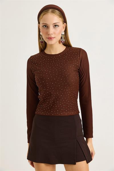 	Kadın Ottoman Bisiklet Yaka Taşlı Bluz Kahve