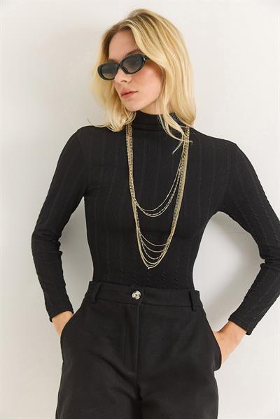 Kadın Balıkçı Yaka Triko Esnek Kazak Siyah