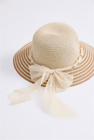 Zincir Fiyonk Aksesuarlı Hasır Şapka Vizon