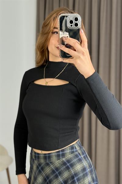 Kadın Fitilli Dekolteli Bluz Siyah