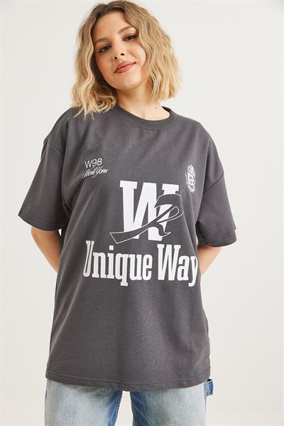 Bisiklet Yaka Baskılı Tshirt Füme