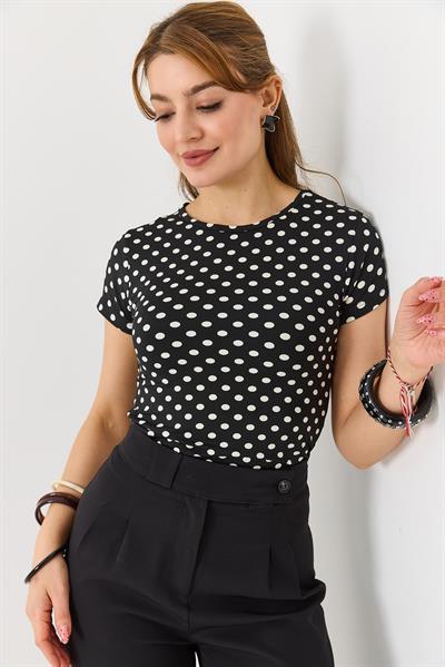 Kadın Puantiyeli Bisiklet Yaka Kısa Kollu Bluz Siyah