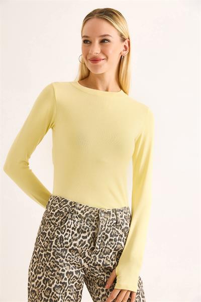 Kadın Parmak Geçirmeli Uzun Kollu Düz BLuz Sarı