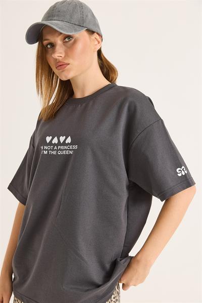 Bisiklet Yaka Baskılı Oversize Tshirt Füme