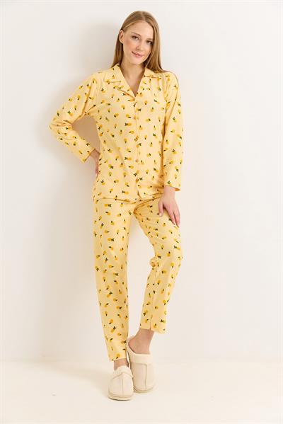 Sarı Kadın Polo Yaka Pamuklu Limon Desenli Pijama Takımı