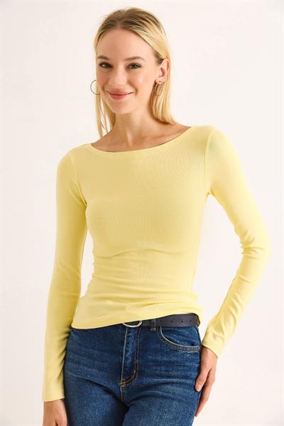 Geniş Yaka Rahat Uzun Kollu Bluz Sarı