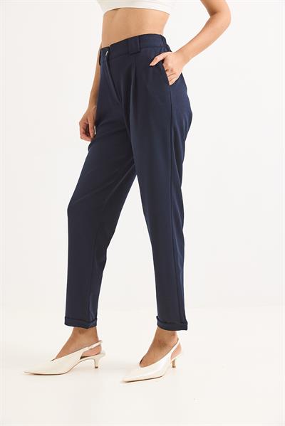 Beli Lastikli Katlı Paça Kadın Pantolon Lacivert