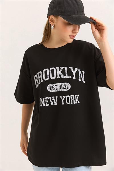 Oversize İki İplik Brooklyn Baskılı Siyah Tshirt