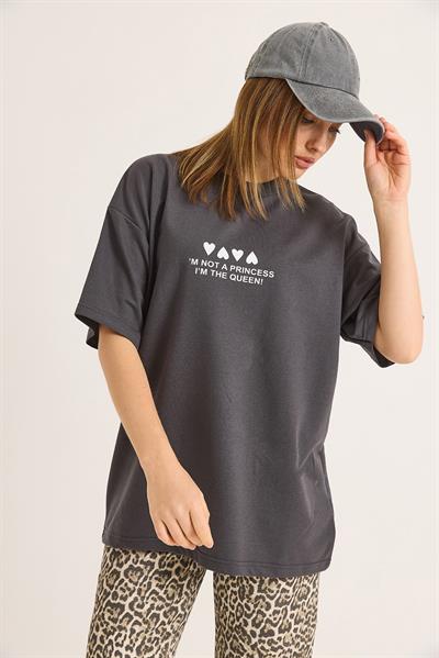 Bisiklet Yaka Baskılı Oversize Tshirt Füme