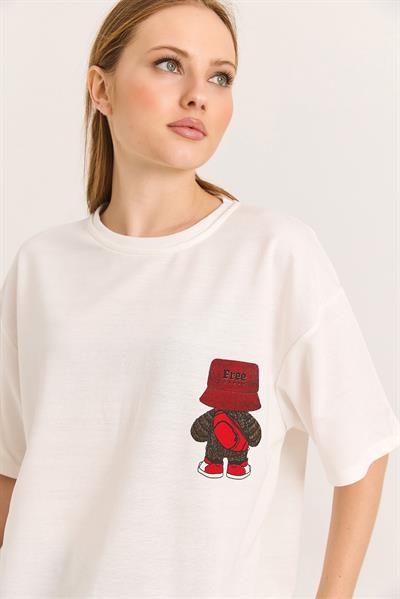Karakter Baskılı İki İplik Oversize Tshirt Beyaz