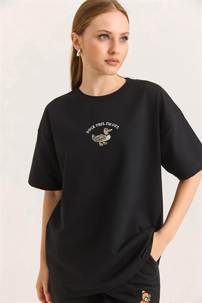 Duck Nakışlı Oversize İki İplik Tshirt Siyah