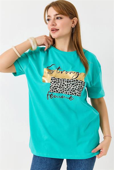 Kadın Bisiklet Yaka Baskılı Kısa Kol Tshirt Yeşil