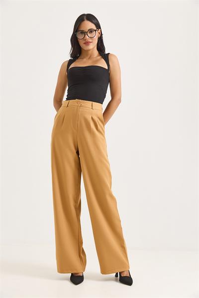 Yüksek Bel Bol Paça Pantalon Taba