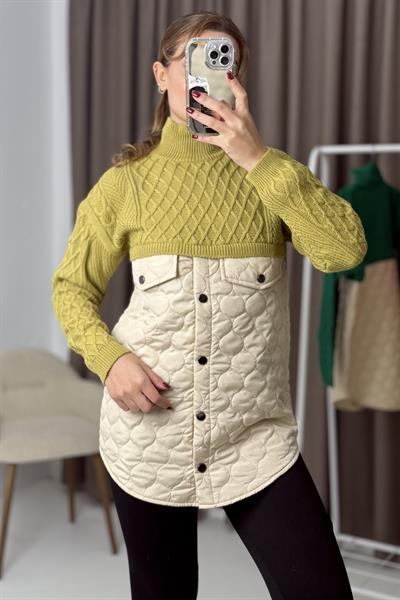 Kapitoneli Baklava Örgülü Triko Kazak Hardal