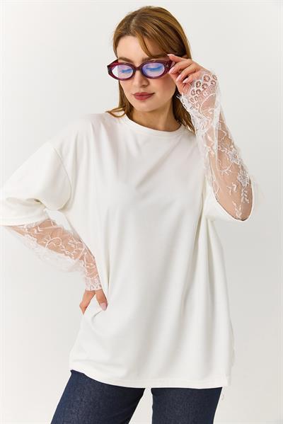 Kadın Kolu Tül Detaylı Oversize Tshirt Beyaz