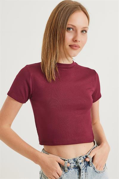 Bisiklet Yaka Esnek Crop Bluz Bordo