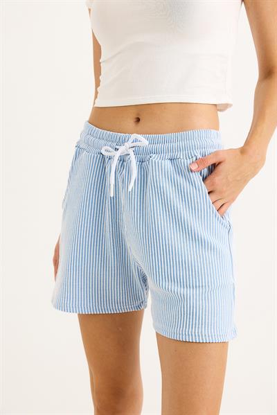 Çizgi Desenli Belden Bağlamalı Kadın Şort  Mavi