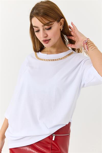 Kadın Yakası Gold Zincirli Bisiklet Yaka Tshirt Beyaz