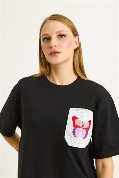 Nakış Detaylı Bisiklet Yada Basic Tshirt Siyah