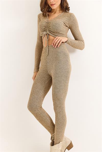 Kadın Fitilli Crop Bluz Pantalon Vizon Takım
