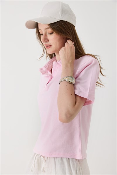 Kadın Vatkalı Polo Yaka Tshirt Pembe 