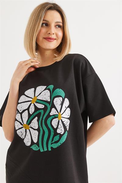 Baskılı Bisiklet Yaka Tshirt Siyah