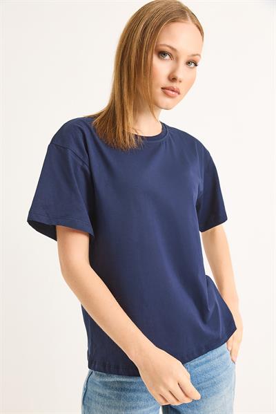 Bisiklet Yaka Kısa Kollu Fit Tshirt İndigo
