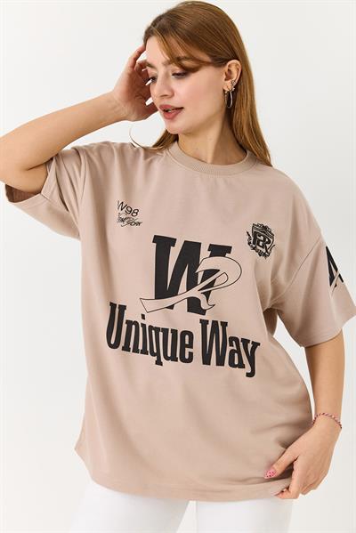 Bisiklet Yaka Baskılı Tshirt Açık Kahve