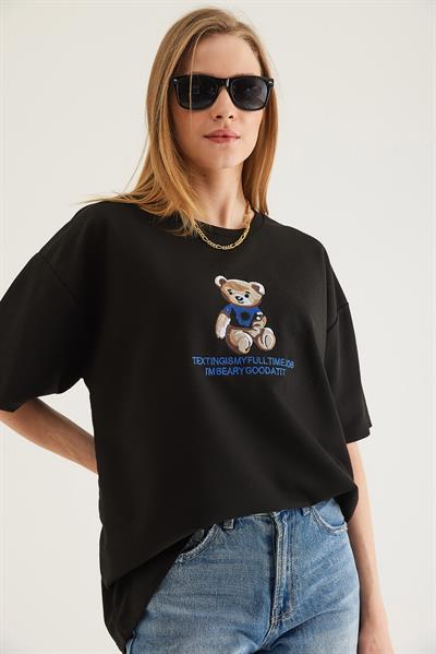 Baskılı Oversize Tshirt Siyah