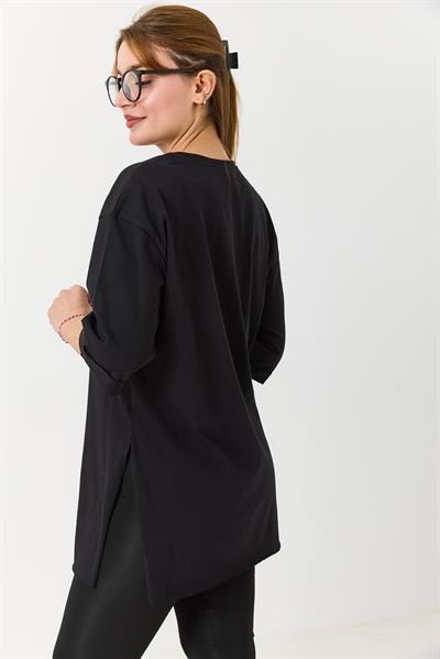 Kadın Garfield Baskılı Yanları Yırtmaçlı Bisiklet Yaka Tshirt Siyah