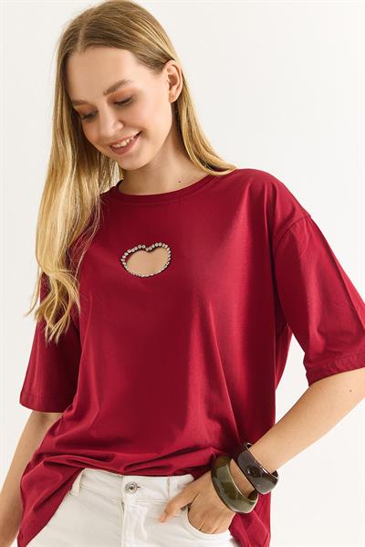 Kalp Dekolteli Bisiklet Yaka Tshirt Bordo