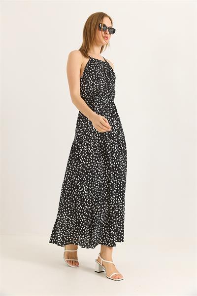 Halter Yaka Beli Kuşaklı Puantiyeli Siyah Elbise