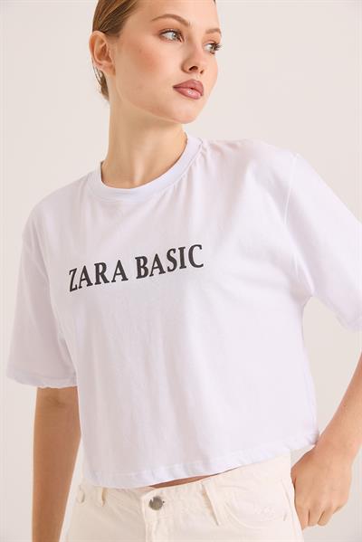 Baskılı Kısa Kol Pamuk Crop Tshirt Beyaz