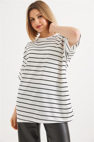 Çizgili İki İp Bayan Tshirt Beyaz