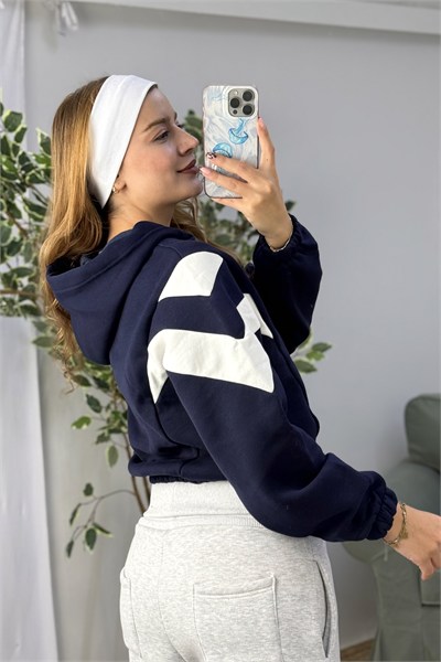 Kadın Beli Lastikli Şerit Detaylı Kapüşonlu Sweat Lacivert