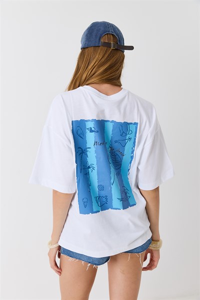 Kadın Beyaz Bisiklet Yaka Arkası Baskılı Tshirt Beyaz
