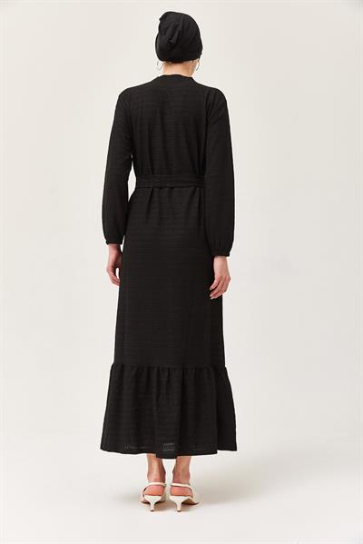 Kuşaklı Kat Keten Elbise Siyah