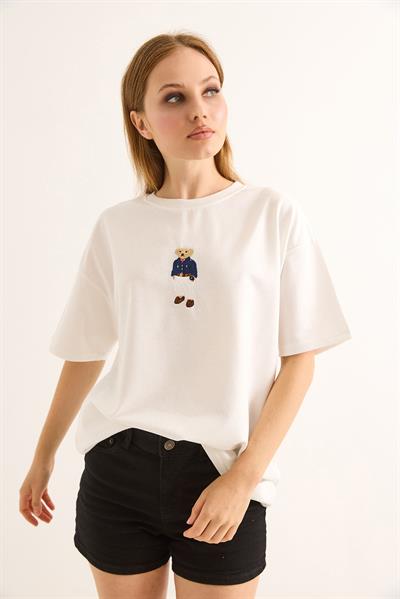 Rahat Kalıp Baskılı Kadın Tshirt Beyaz