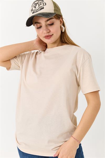 Kadın Bisiklet Yaka Baskısız Düz Bisiklet Yaka Tshirt Krem