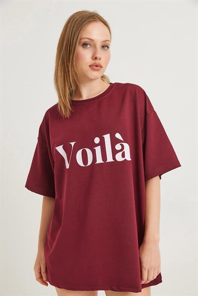 Voila Baskılı Oversize İki İplik Tshirt Bordo