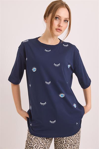 Göz Baskılı Oversize Pamuk Süprem Tshirt Lacivert
