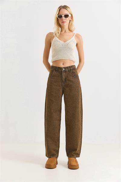 Kadın Bol Paça Kot Pantalon  Kahverengi